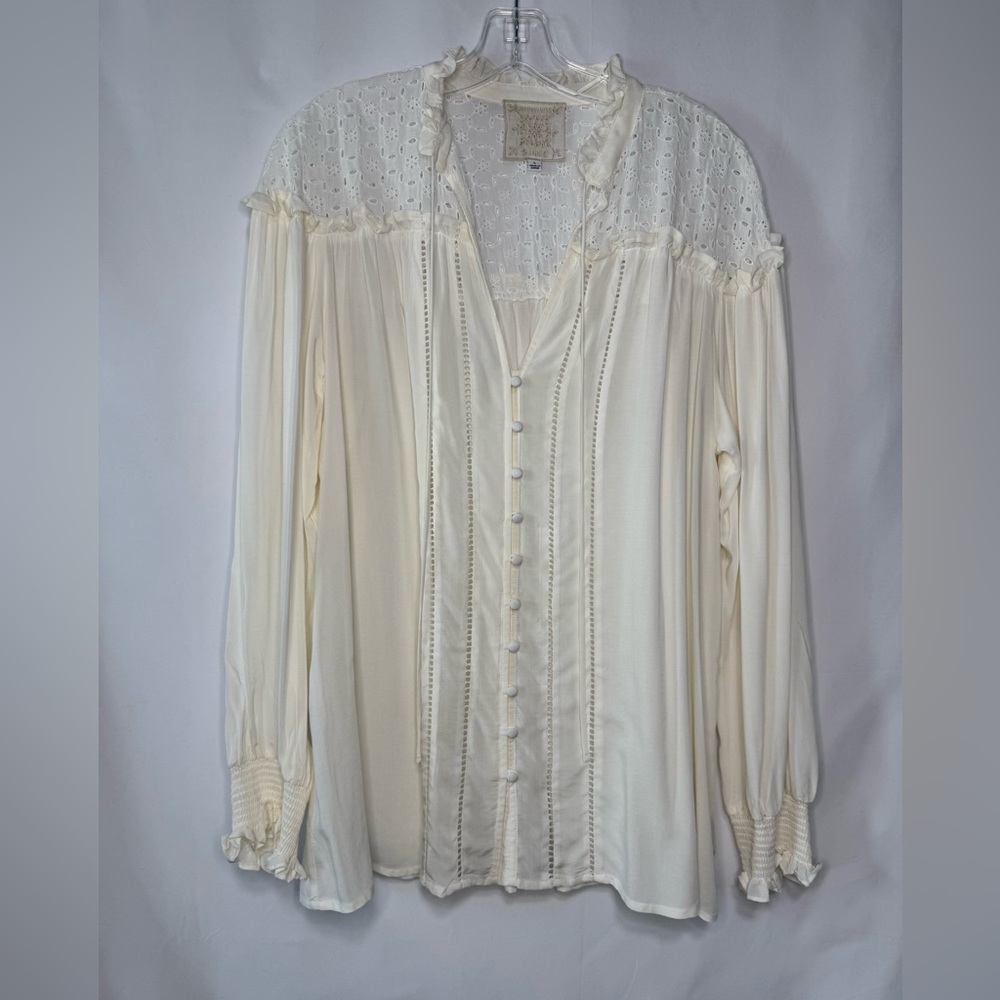 Johnny Was Cream Pleated Ruffled Blouse - Size L - Like New - Picture 2 of 9